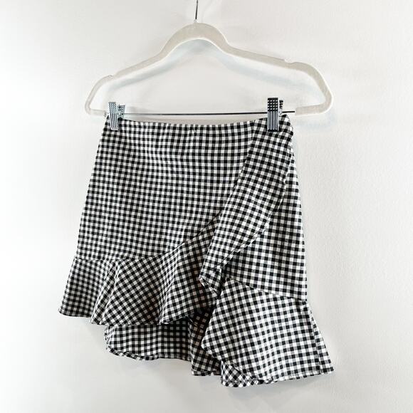 H&M Wrap Front Ruffle Hem Gingham Mini Skirt Black White 6 - Picture 8 of 12